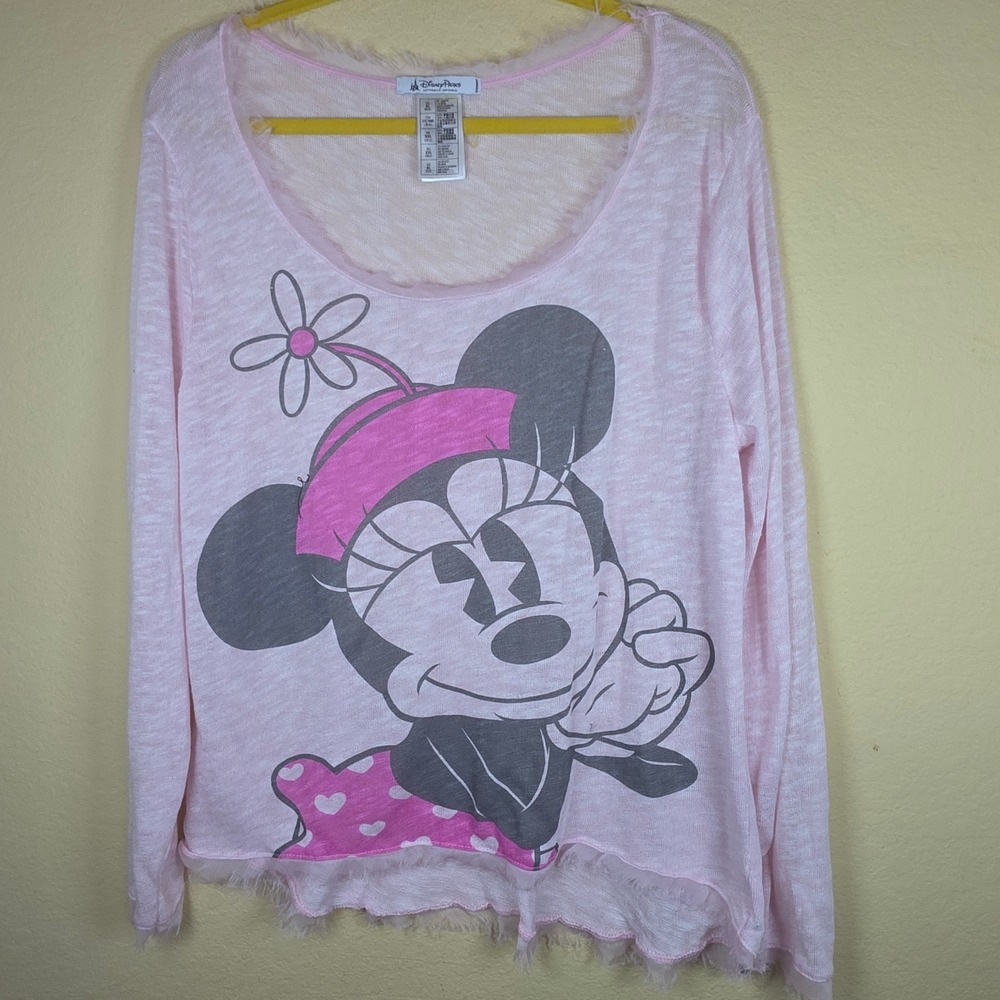 Disney Parks Minnie Mouse Pink Eyelash Fringe Long Sleeve Graphic Top XL sheer - Picture 1 of 8